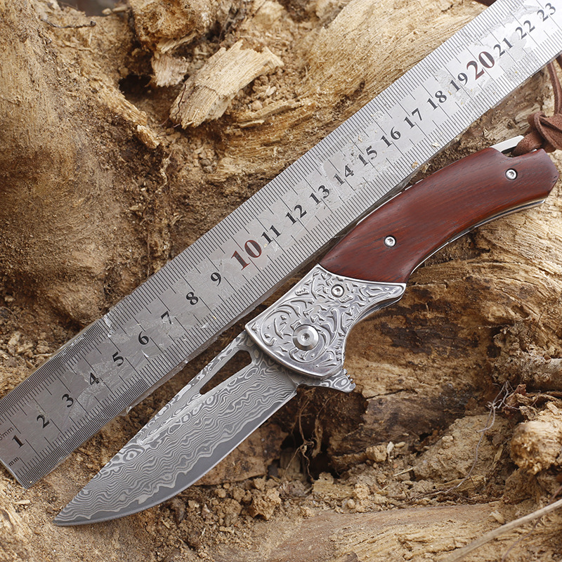 红檀木柄大马士革VG10钢材折叠刀户外防身携带小刀含头层牛皮套