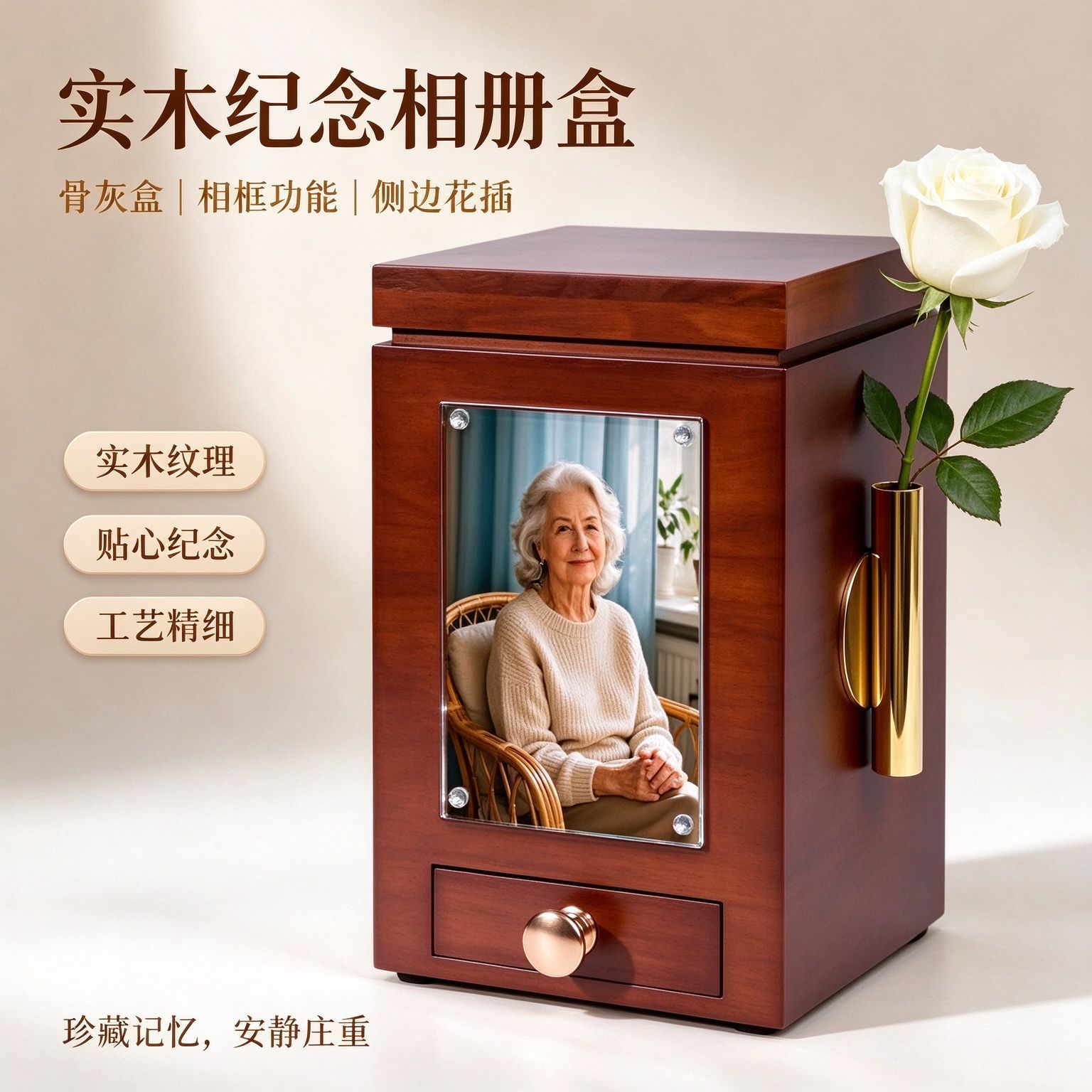 Cross-border solid wood cremation memorial box with photo frame, flower tube, drawer, and storage box for deceased's belongings, funeral memorial wooden box