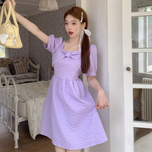 赫本风法式短袖连衣裙女夏季甜美珍珠边蝴蝶结收腰显瘦紫色短裙子
