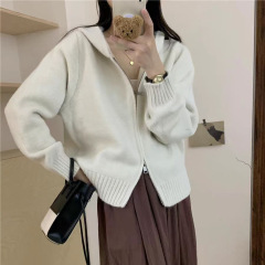 双拉链连帽针织毛衣女外套2024秋冬慵懒风设计感短款休闲针织开衫