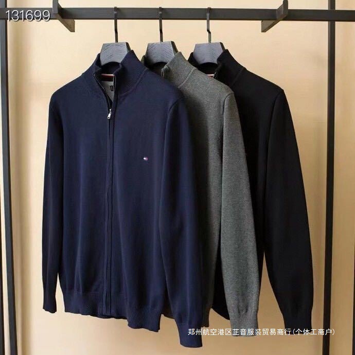 Autumn and Winter Tommy Men's Casual Light Business Cardigan Sweater Full Zipper Jacket Embroidered Knitted Cardigan
