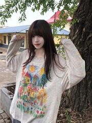 【广州原版面料彩点】色手绘涂鸦防晒罩衫女网纱宽松长袖T恤