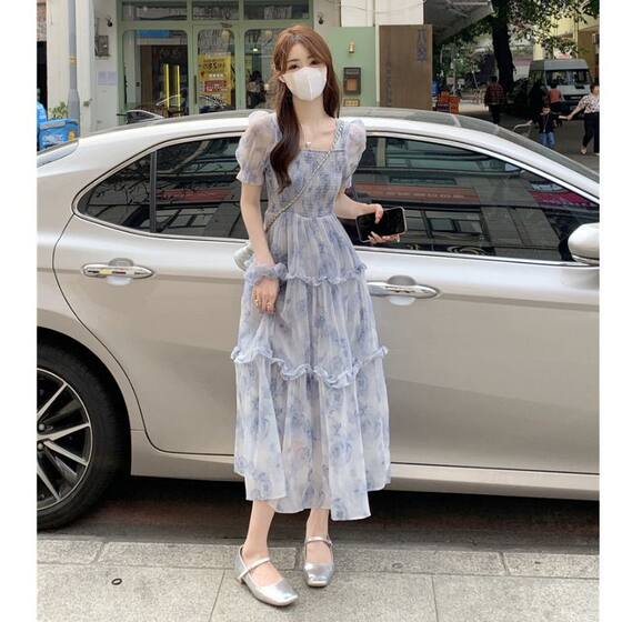Improved, please look at the real French tea break bubble sleeve floral dress women's summer sweet temperament before placing an order
