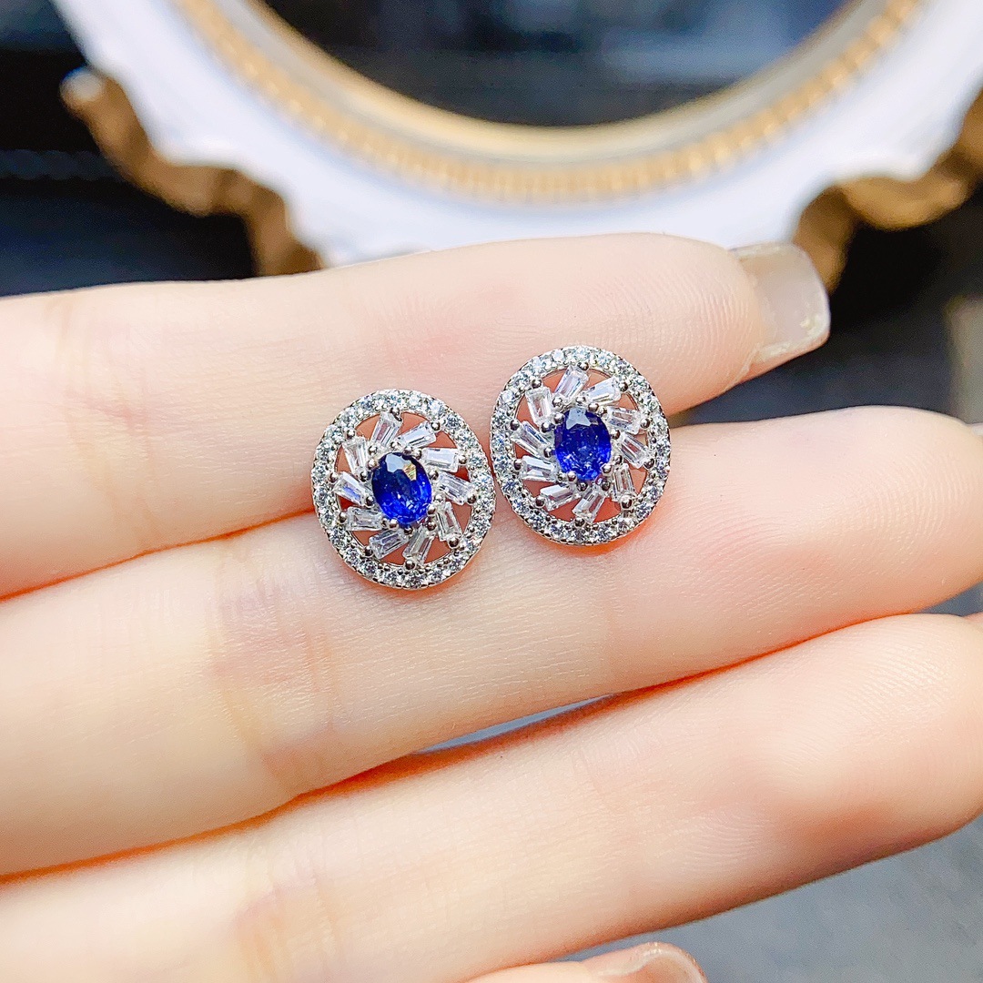 Factory Wholesale Popular Natural Sapphire Earrings S925 Silver Inlaid Main Stone 3*4 Luxury Jewelry Factory Direct Sale
