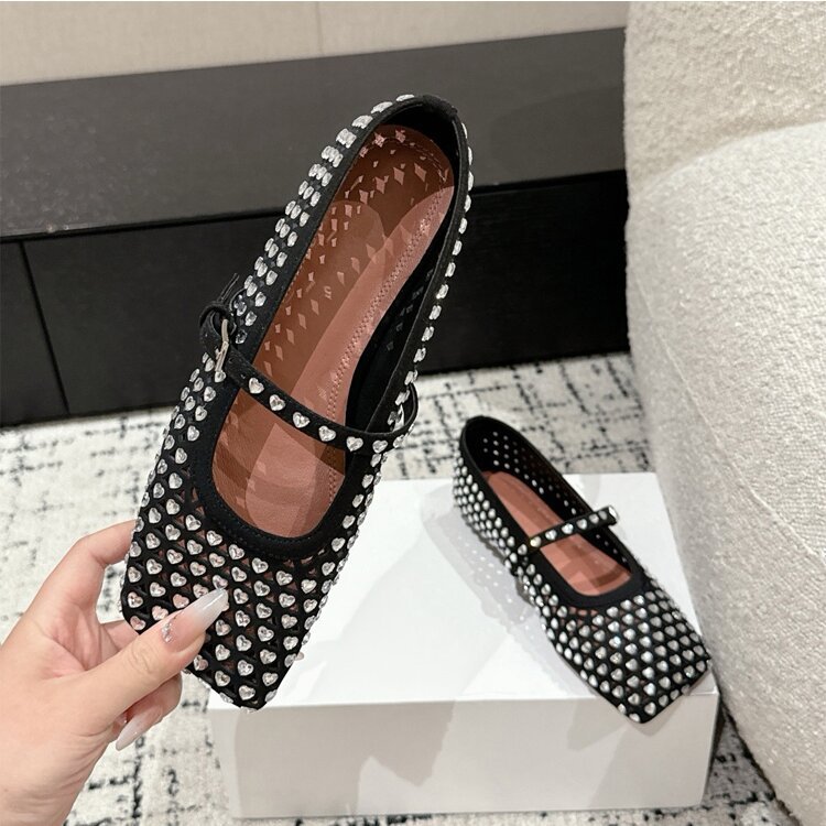 Dance Shoes 2025 New Square Toe Heart Full Diamond Mary Jane Women Genuine Leather Flat Strap Shallow Mouth Ballet Shoes_voghion.com