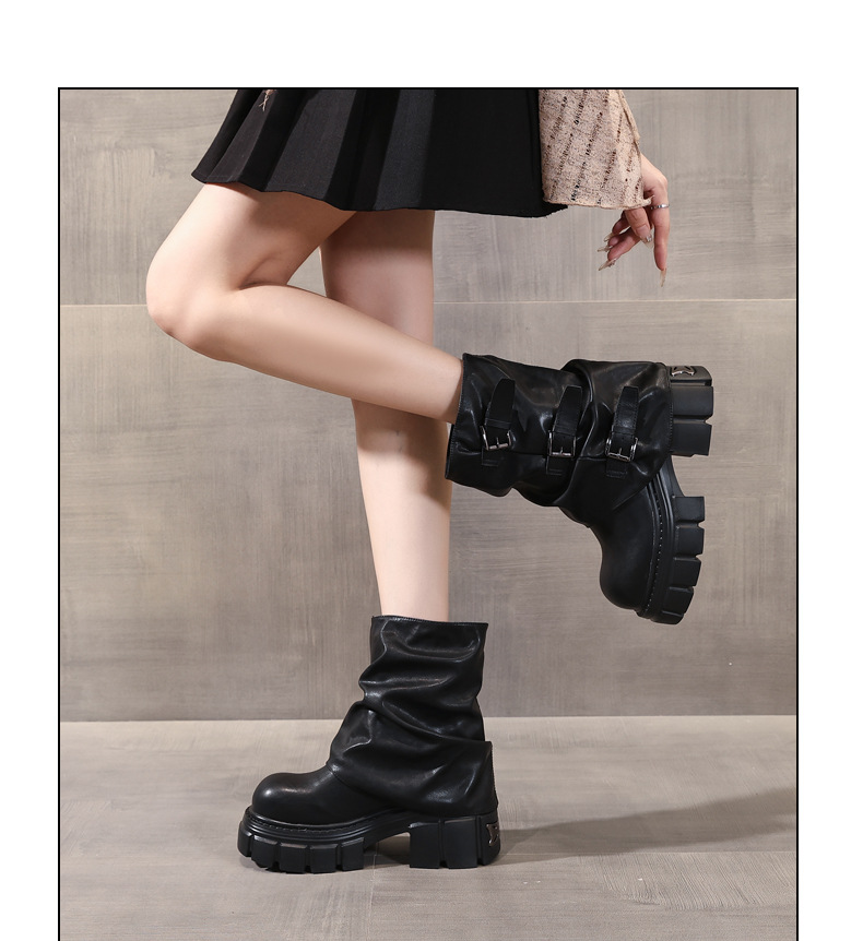 Boot nữ cổ ngắn đế dày tăng chiều cao gót 9 cm phong cách retro — nhung đen chi tiết 6