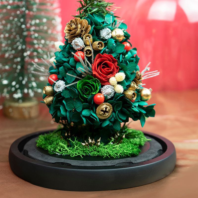 Árbol de Navidad con cubierta de cristal y rosa eterna, producto terminado, regalo de Navidad para novia con un toque de lujo, adorno de flor eterna.
