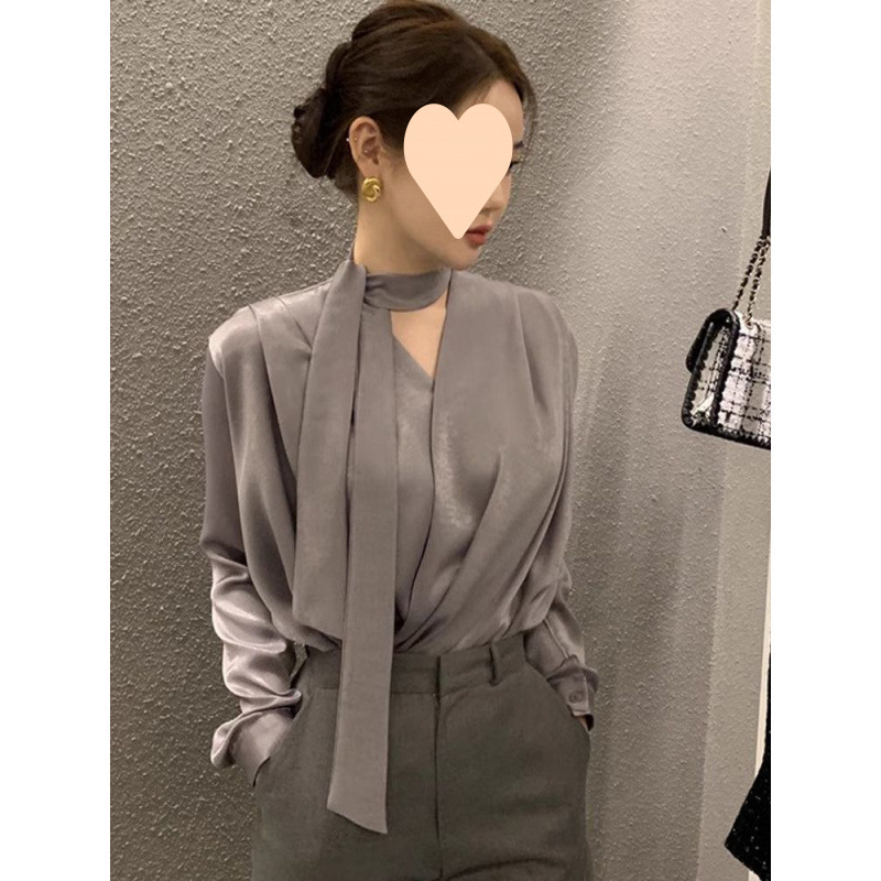 High-End Acetate Satin Shirt for Women, Spring & Fall Accessible Luxury Professional Work Clothing Floating Collar Shirt, French Style Beautiful Top