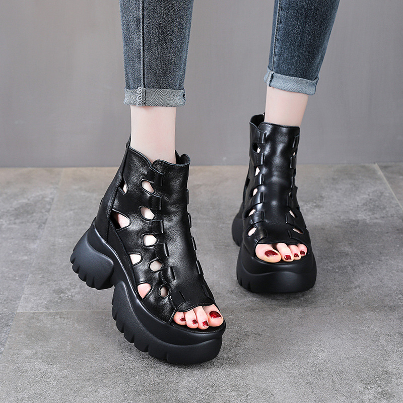 Sandal nữ đế xuồng cao gót da bò thật phong cách La Mã quai đan hở mũi — màu đen