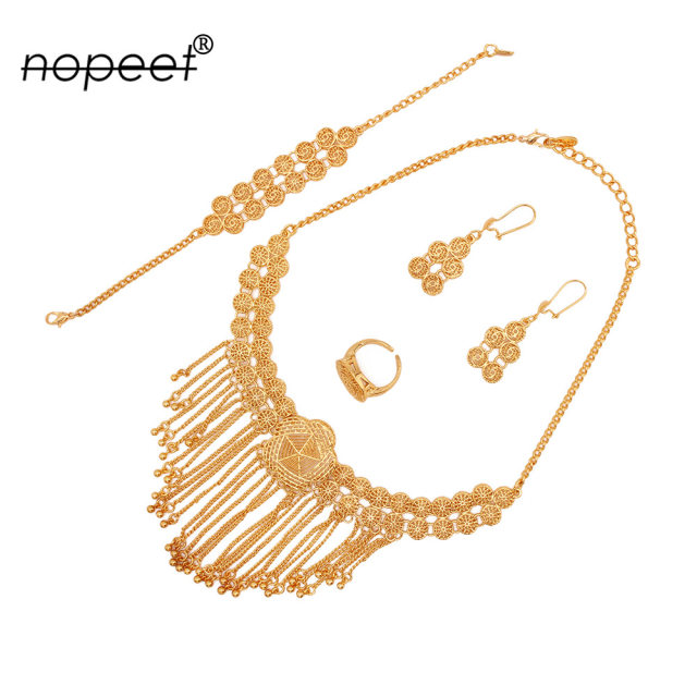 NOPEET Middle East Dubai Gold 24k Gold Plated Jewelry Set African Necklace Earrings Ring Bracelet Four Pack