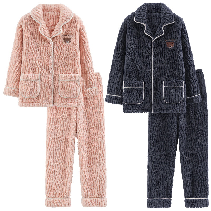 Winter-Paar-Pyjama, warme Flanell-Strickjacke, verdicktes und plüschiges Korallensamt-Hauskleidungsset für Herren und Damen_voghion.com