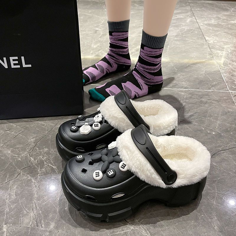 可爱卡通洞洞鞋女2025年冬季加绒保暖厚底防滑可拆卸外穿增高棉鞋|undefined