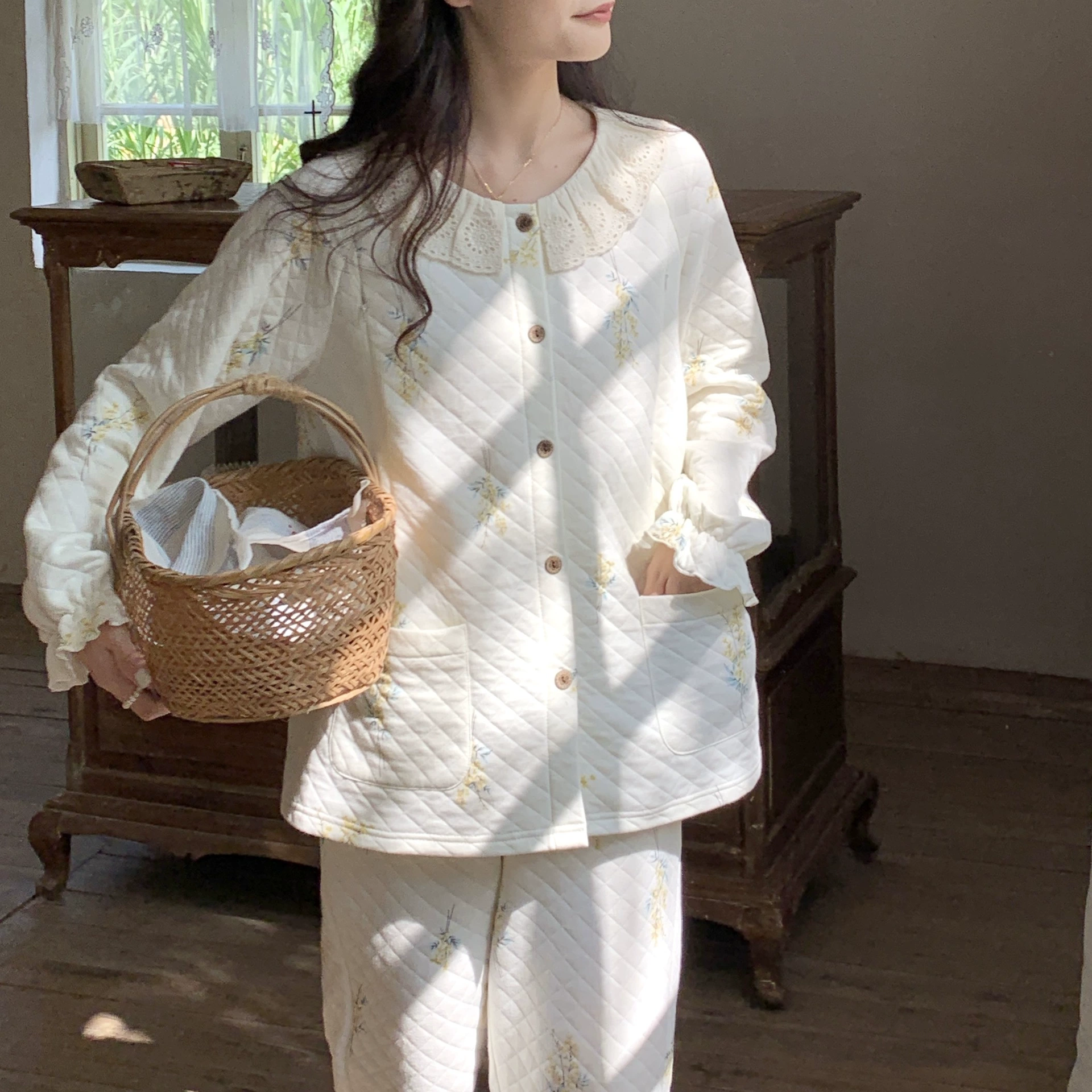 [6277] кукольный воротник осенний и зимний воздушный хлопок для беременных кормящих пижамы