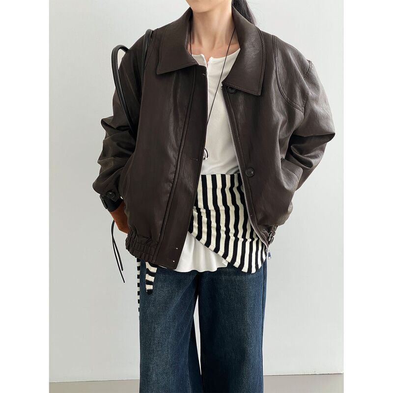 Korean-Style Retro High-End Lapel Pu Leather down Jacket for Women, Lazy Style Loose-Fitting Jacket C3570