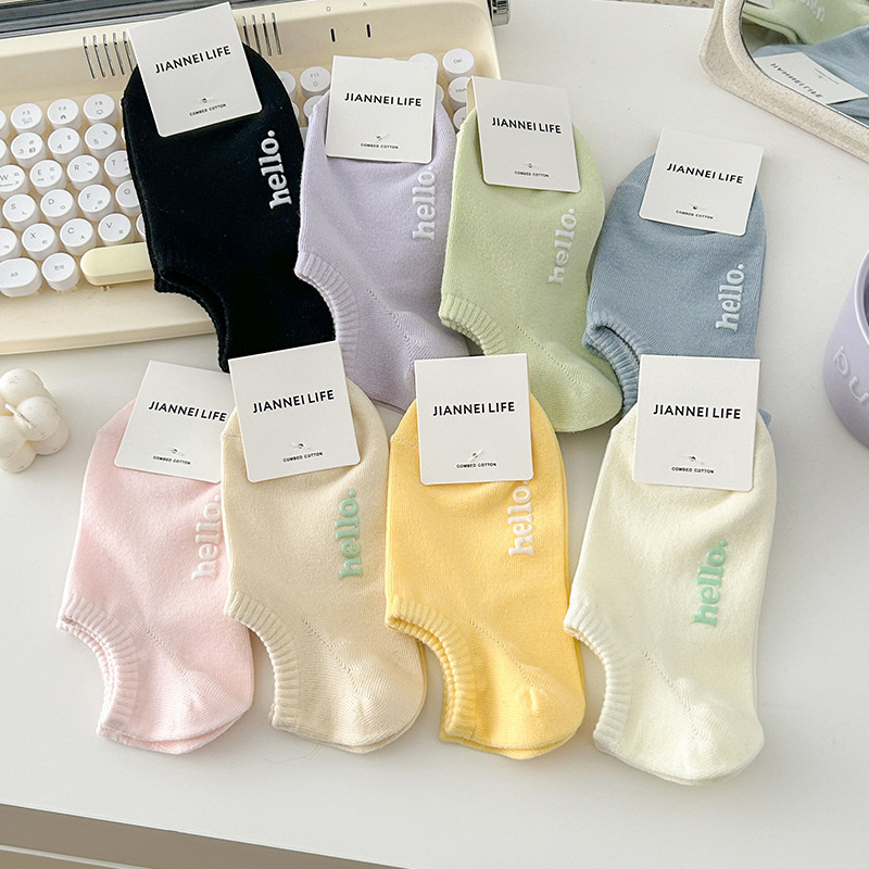 Socks Women's Summer Hello Short Tube College Style Women's Boat Socks Candy Color Invisible Hot Stamping Letter Women's Socks Cotton Socks