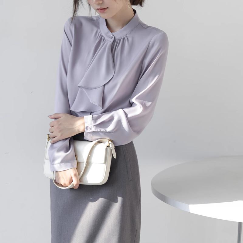 Simple elegant design pleated ribbon bow tie autumn long-sleeved shirt elegant commuter women's top