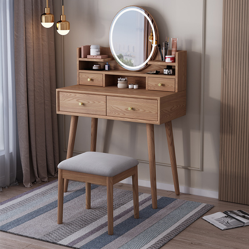 Nordic Ash Solid Wood Dressing Table Storage Integrated Cabinet Simple Small Apartment Bedroom Multi-Functional Solid Wood Dressing Table