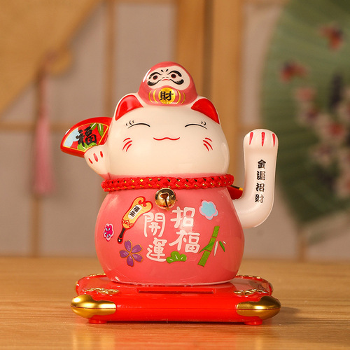 Lucky Cat Small Waving Hand Ceramic Solar Powered Waving Feng Shui Cat Creative Textured Car Ornament Gift