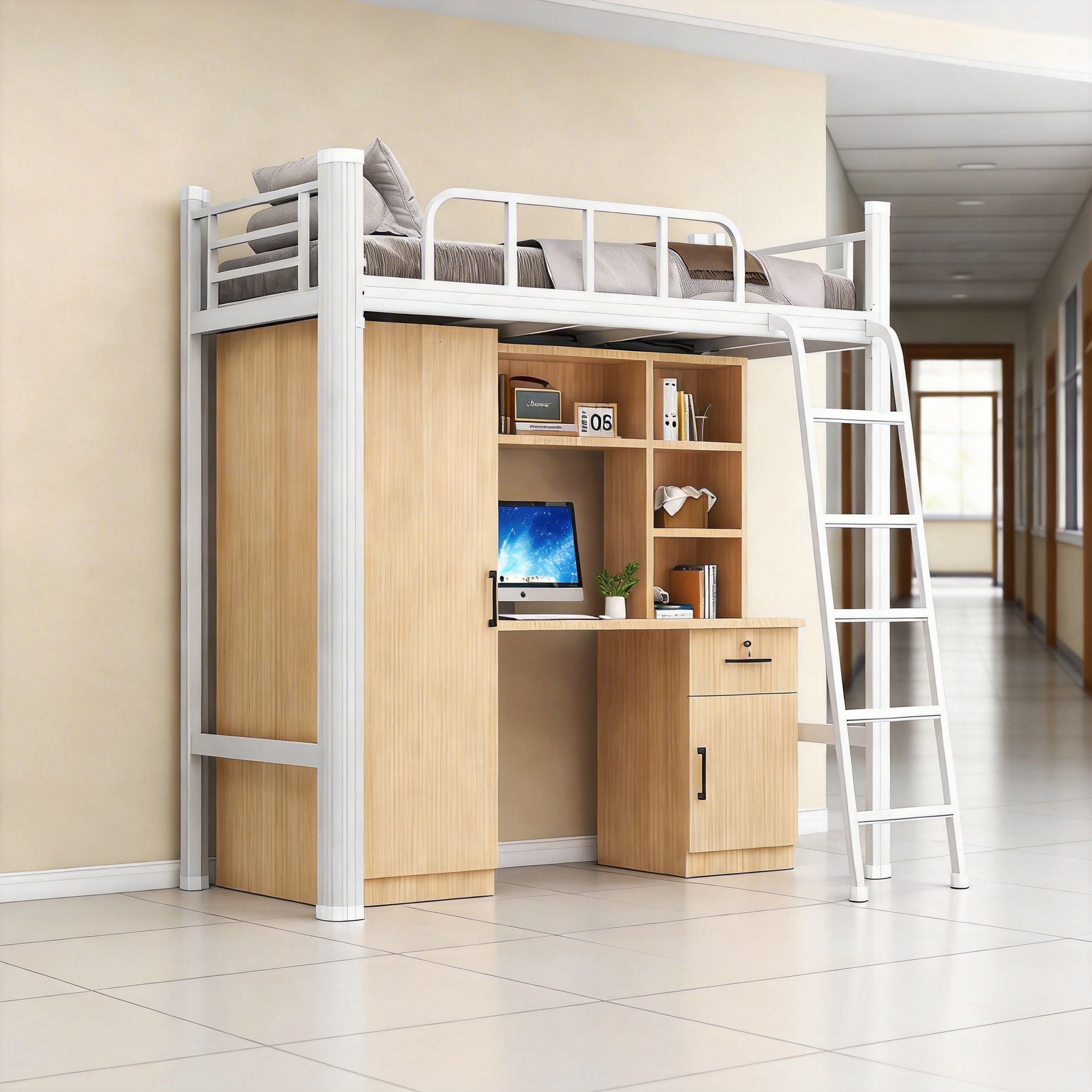 Bunk Bed with Desk Combination for School Apartments, Staff Dormitory, Single Loft Bed with Storage