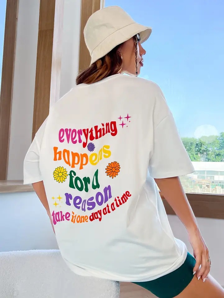 五颜六色的口号一切皆有原因纯棉女人t恤复古全搭配服装潮人t恤创