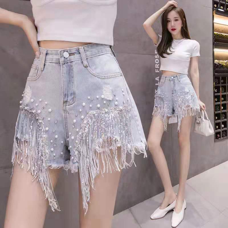 2024 Spring and Summer New Distinctive Denim Shorts Women's Internet Popular High Waist Diamond-encrusted Heavy Industry Sequin Tassel Denim Hot Pants Trendy