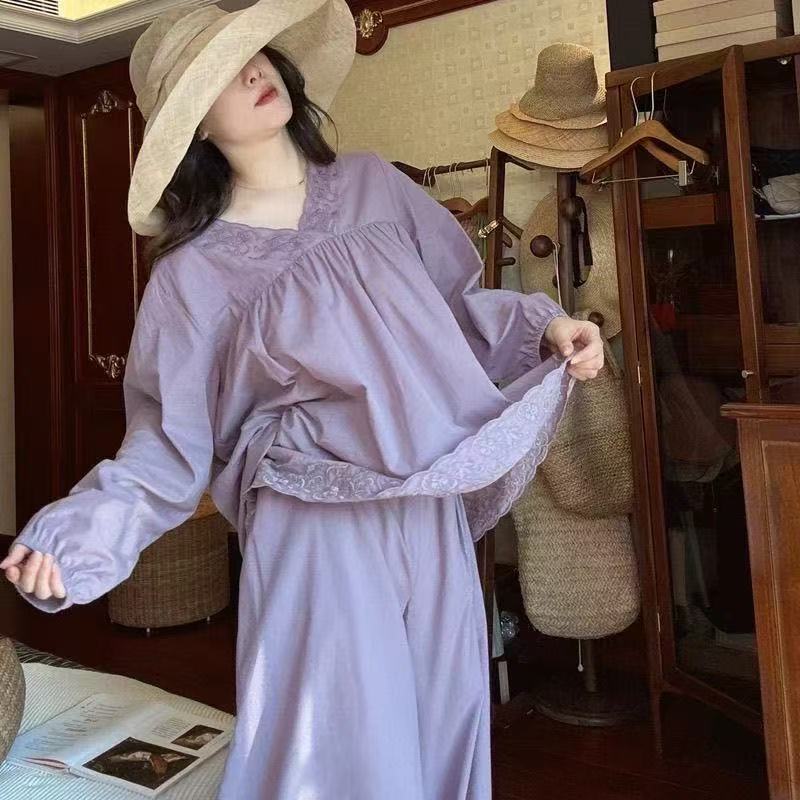 Extra Large Size 150kg Spring and Autumn Pajamas for Women, Sweet Lace French Style Versatile New Casual Loungewear Set, Loose Fit