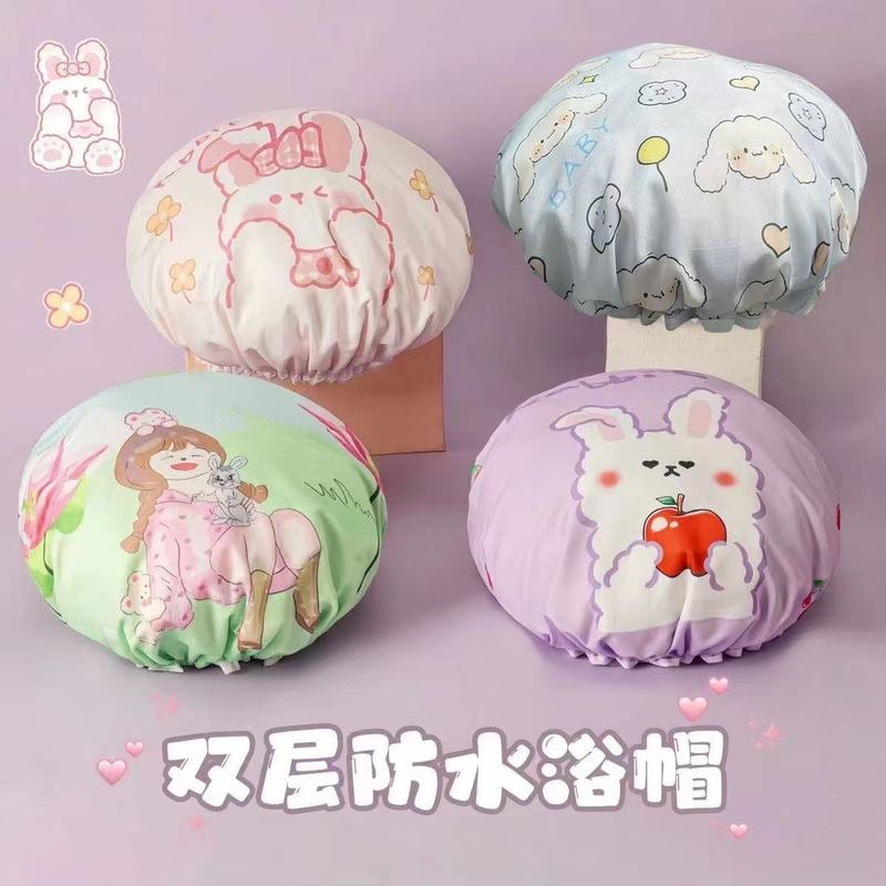 跨境直供双层浴帽防水发帽时尚韩流印花涤棉PEVA淋浴帽洗澡沐浴女|undefined