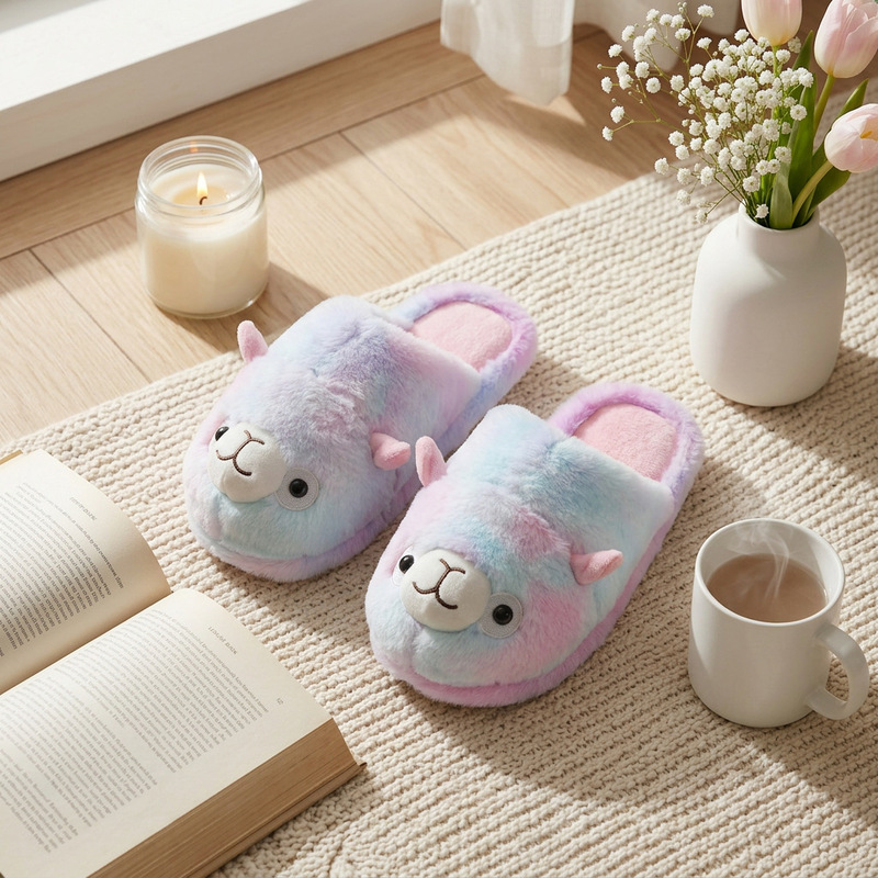 Amazon Cross-Border Alpaca Cotton Slippers Rainbow Alpaca Thickened Heel-Covering Cotton Slippers Warm Home Floor Slippers