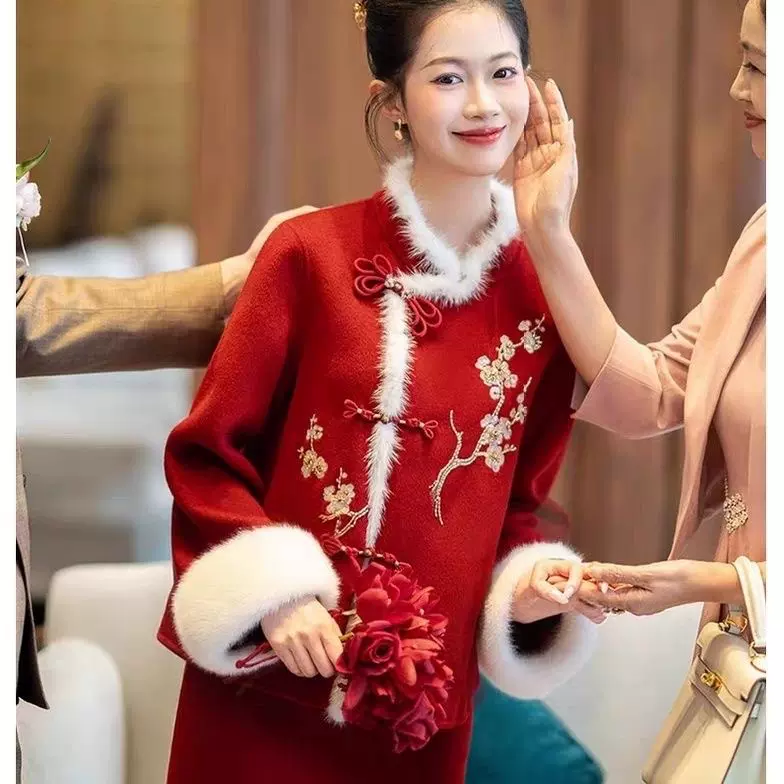 新中式敬酒服时尚穿搭新款刺绣女装国风新年战袍冬款半身裙套装