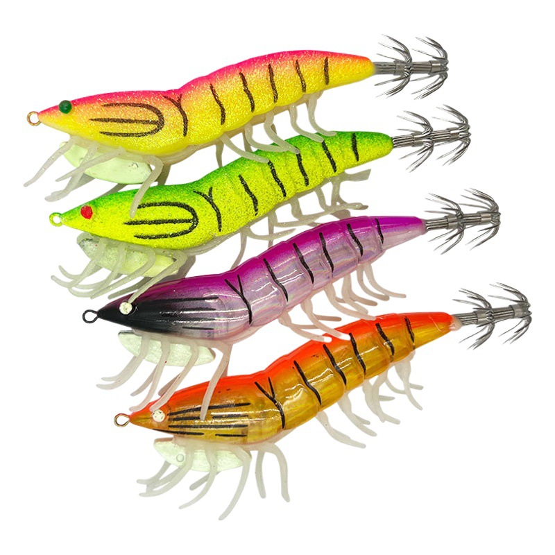 Luminoso gancho de calamar de camarón de madera con cuentas de timbre pies suaves Camarón Luya cebo pesca langosta cebo falso gancho de calamar