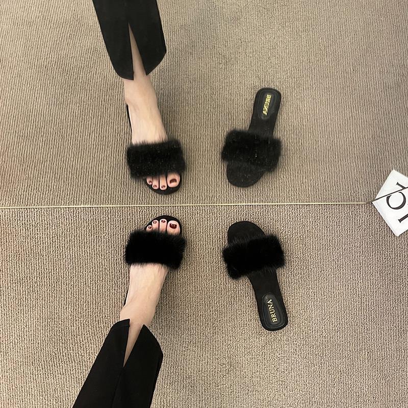 Mao Mao slippers women's summer casual black sandals French niche high-end flat mink wool sandals