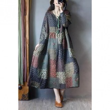 2025复古风民族风棉麻中长款连衣裙女装秋款长袖宽松显瘦洋气长裙