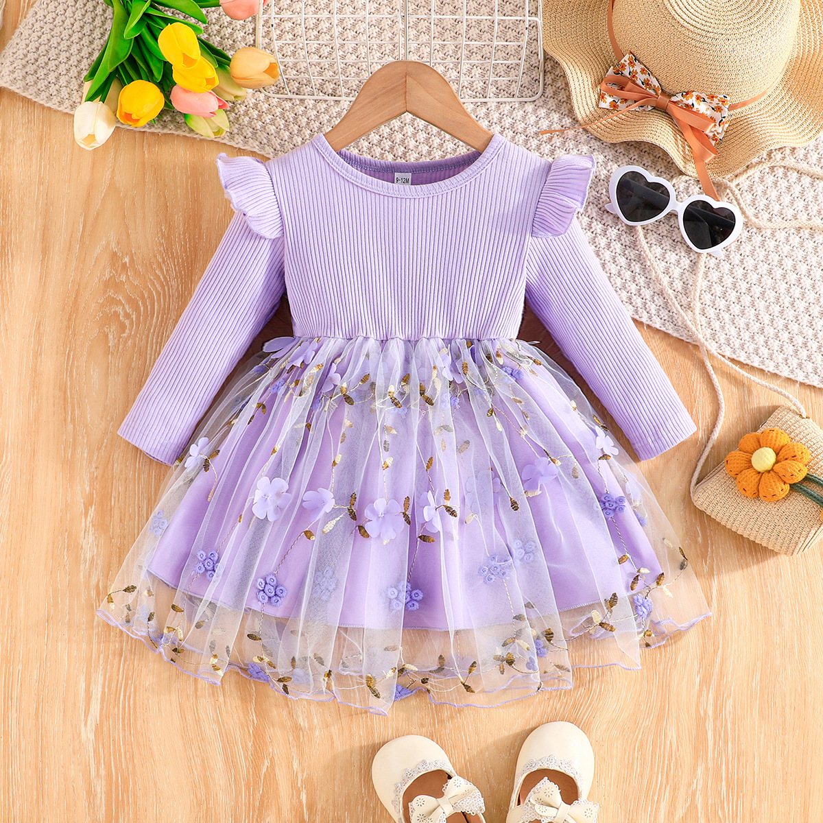 Lila Blumenkleid Mit Rippstrick Und Schleife Für Mädchen_voghion.com