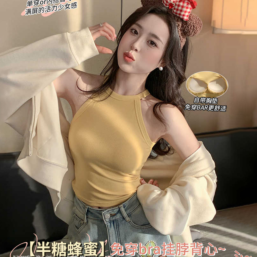 Pure Wish Neck Hanging Sling Beautiful Back Vest One-piece with Chest Pad Thread Wrapping Chest Outer Wear Base High Neck Tube Top