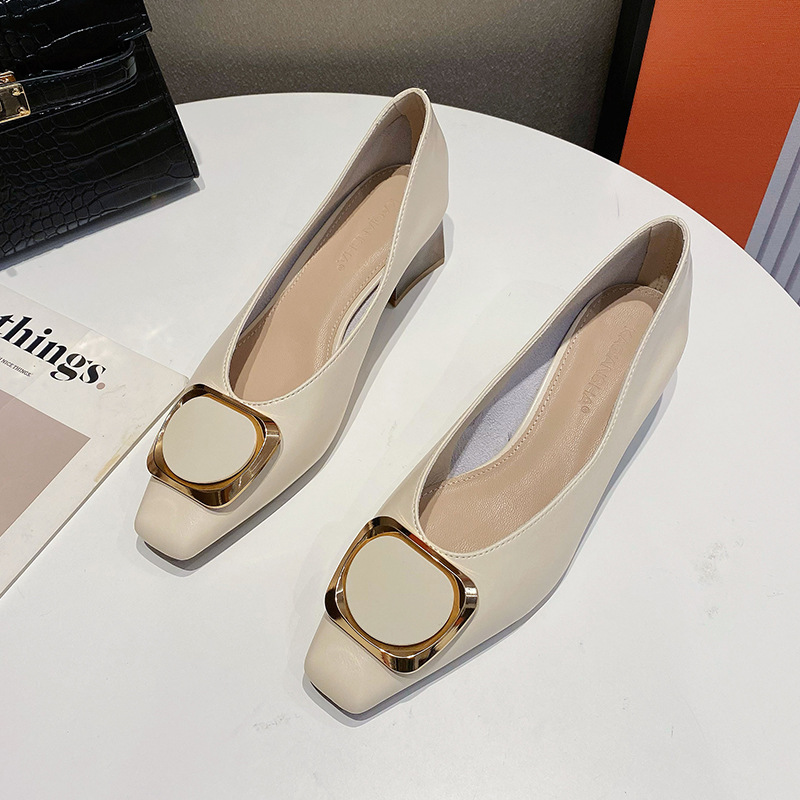 Real cowhide mid-heel women's shoes 2023 summer new shallow-mouth thick-heeled square-toed single shoes women's slip-on loafers high-heeled_voghion.com