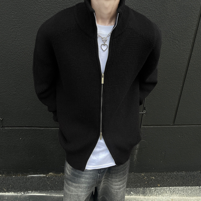 慵懒风毛衣男秋冬设计感双拉链开衫立领外套男宽松休闲针织衫开衫|undefined