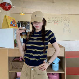 【自家工厂现货】韩版新款学院风polo领条纹针织短袖女秋修身上衣