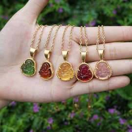 国风项链不锈钢18金锁骨链时尚轻奢彩色马来玉髓弥勒佛锁骨项链