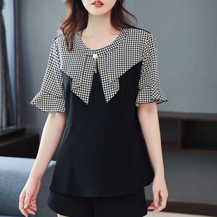 2024 Spring and Summer Plus Size Women's Clothing Wholesale Plaid Waist Slimming Fat Girl Shirt Design Fashionable Wear Top