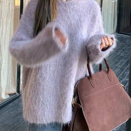 新品水貂绒圆领套头中长款毛衣女秋冬季软糯加厚外穿水貂毛针织衫