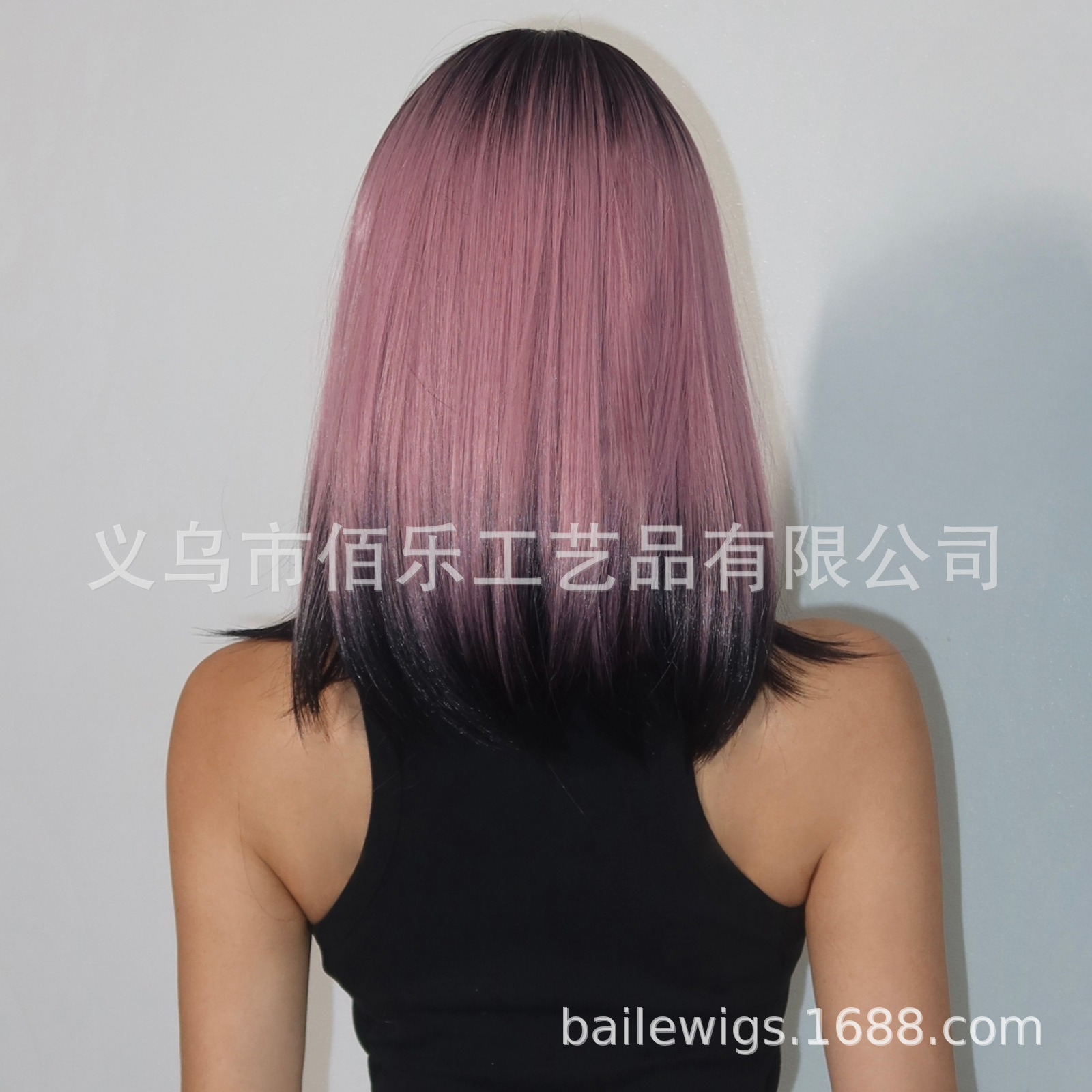 Nueva peluca cubierta de la cabeza completa flequillo negro Rosa gradiente Bobo hombro pelo recto neto rojo estilo pelo Xuchang peluca image 5