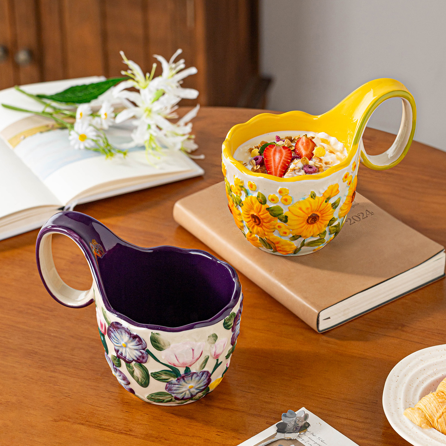 Taza de relieve, taza pintada a mano, taza de cerámica, regalo, taza de agua roja, taza de café, taza de desayuno, taza de alto valor facial