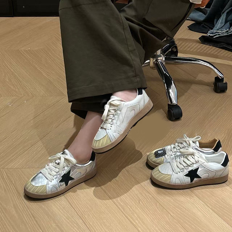 Golden Goose Vintage Star Sneakers, Leather Mesh Breathable Rubber Toe Versatile Retro Lace-Up Trendy Casual Shoes