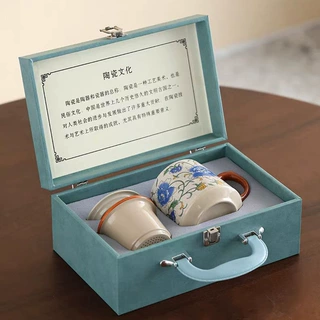 大号青花陶瓷马克杯商务伴手礼品米黄茶水分离办公泡茶杯礼盒装