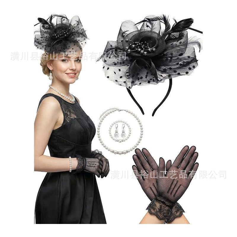 Polka Dot Mesh Feather Headpiece, Hat, Hair Accessory, Gloves, and Accessory Set for Elegant Banquets, Mesh Feather Banquet Outfit