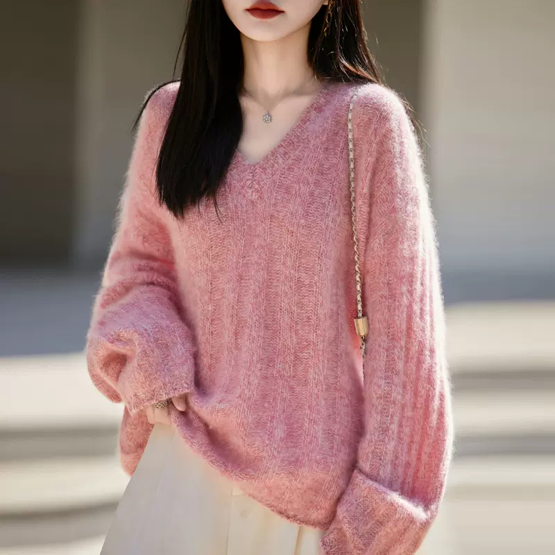 重磅拉毛羊绒羊毛慵懒针织衫女2025新款洋气宽松女装毛衣穿搭上衣