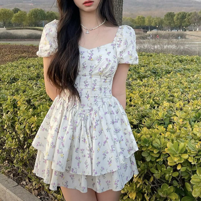 French-Style Floral Grape Purple Dress for Women, 2026 Summer New Model, Off-Shoulder Square Neck Puff Sleeve Short Dress