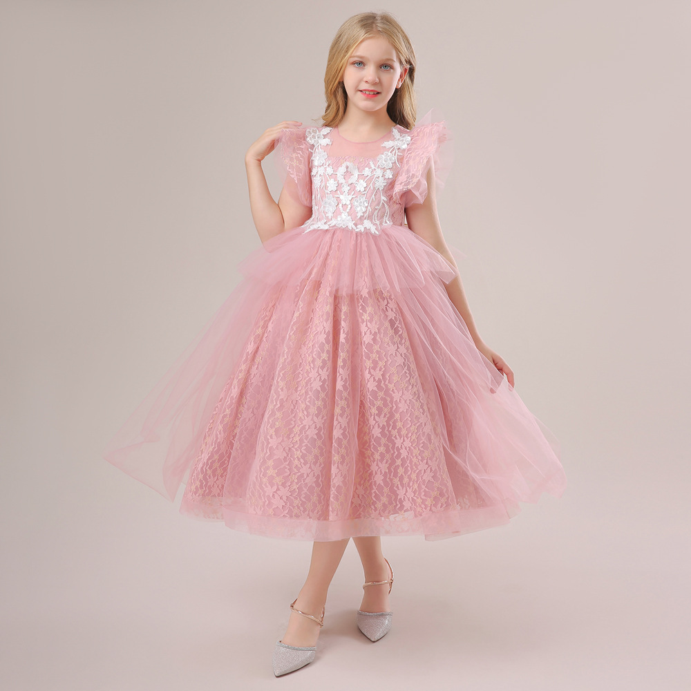 2024 europeo y americano nuevo vestido de las niñas vestido de princesa mullido mediano y grandes niños vestido de malla flor niña vestido de novia