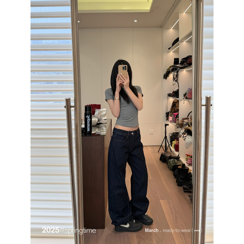 Sun Contrast Color Denim Raw Cow Jeans Women's Autumn Straight-Leg Dark Loose Relaxed Washed Casual Pants