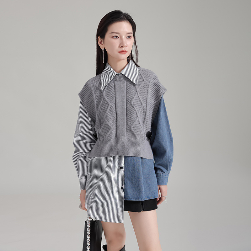 Zhongchuang rizhen niche design mid-length striped Denim stitching shirt Women's stacked vest two-piece top